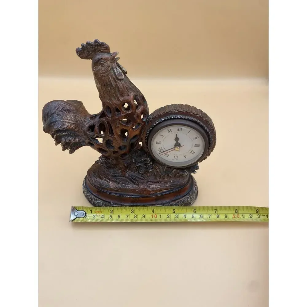 Rooster Resin Desk/Mantel Clock Brown Quartz Battery Analog Roman Numerals 9x8